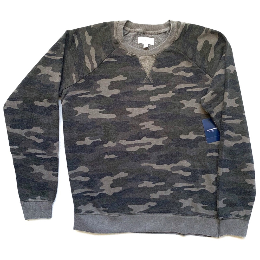 Lucky Brand Burnout Fleece Camo Crew Long Sleeve Pullover Sweatshirt Sweater